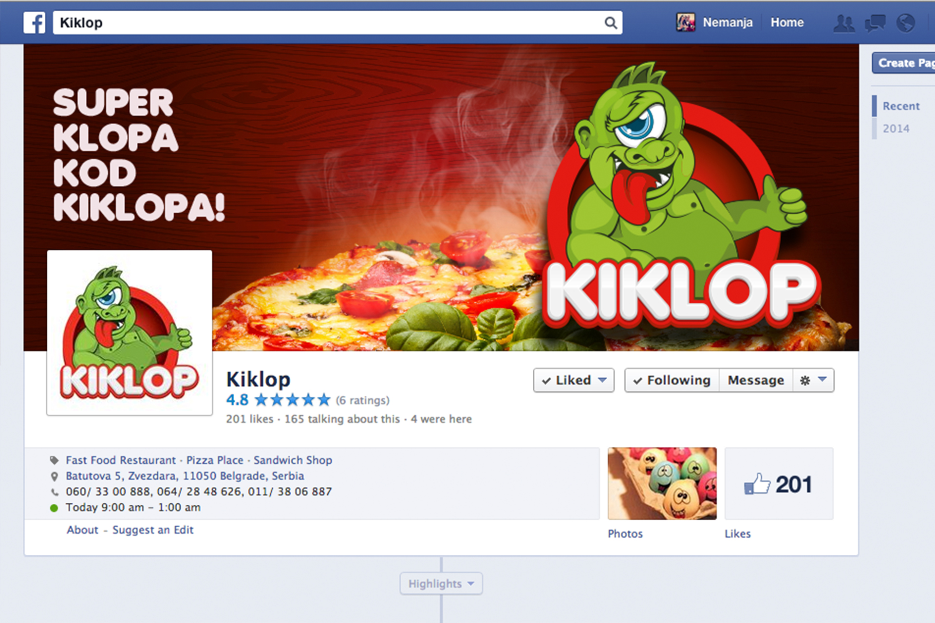 Dizajn facebook stranice za fast food restoran Kiklop